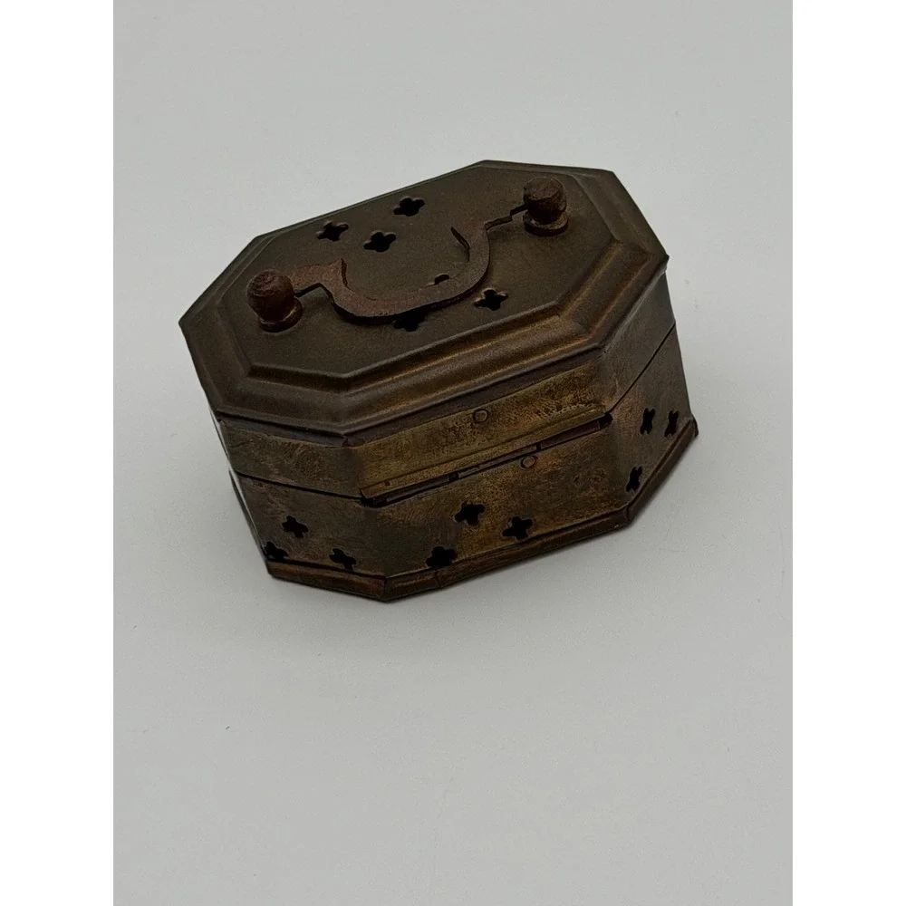 Vintage Brass Octagon Trinket Box Made in India Hinged Latch Star Cutouts Handle